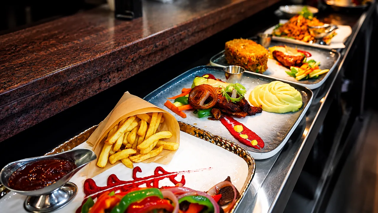 A spread of X132 dishes — grilled meats, fries and sides