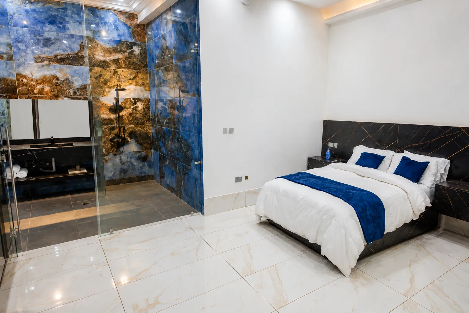 Master suite with blue onyx en-suite bathroom